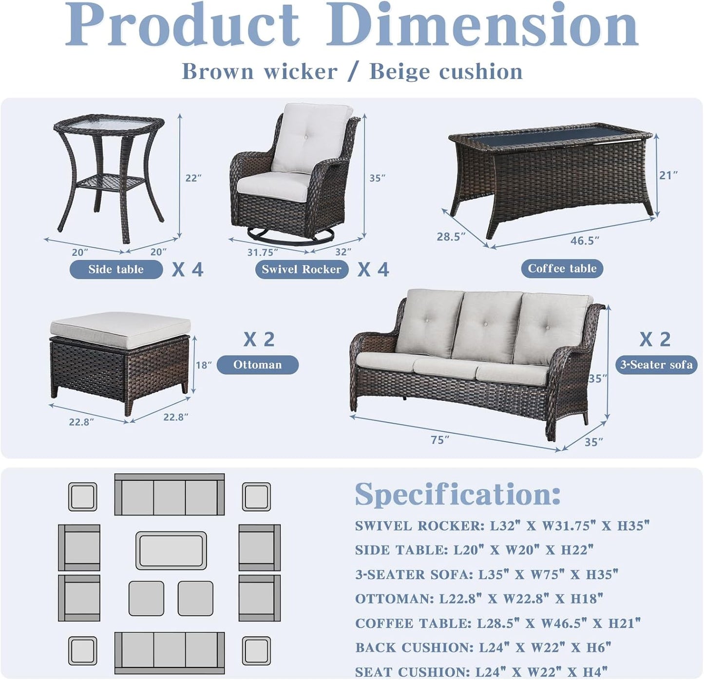 Wicker Patio Furniture Sets - 13 Piece Outdoor Rattan Furniture Conversation Sets with 4 Swivel Rocker Chairs, 2 Rattan Sofas, Wicker Ottomans and Coffee Table, Brown/Beige