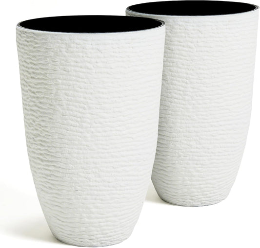 Worth Garden 2-Pack 21" H. White Tall Planters - 14'' Dia Resin Large Round Flower Pots for Outdoor Plants Trees - Imitation Stone Finish Plastic Indoor Front Porch 9 Gallon Decorative Container Patio