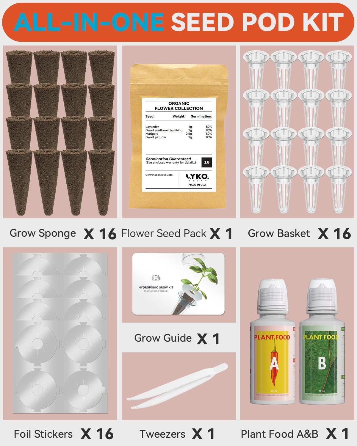 LYKOCLEAN 16 Pods Flower Seed Kit Compatible with AeroGarden Hydroponics Growing System, Indoor Garden Starter Set with Lavender, Sunflower, Petunia and Marigold