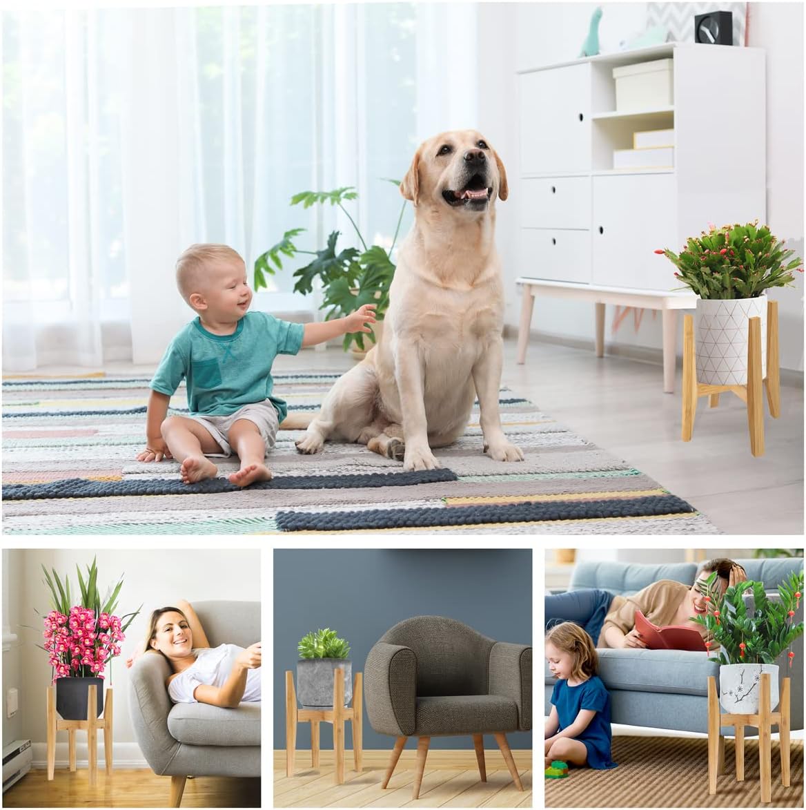 OERGKE 2 PACK Adjustable Plant Stand Indoor, Bamboo Mid Century Modern Plants Stands, Corner Flower Holder for Living Room, Fits 8 to 12 Inches Pots, (Pot & Plant Not Included)(Nature)