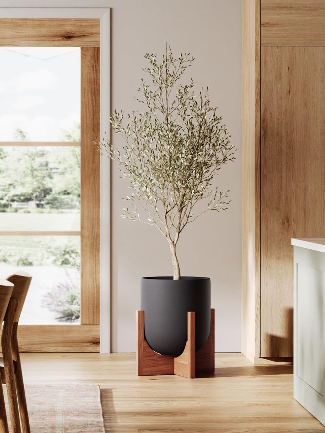 LE TAUCI 10 Inch Plant Pot with Acacia Wood Stand, Ceramic Planters for Indoor Plants, Plant Pots Indoor for Home Decor, Mid-Century Modern Pots for Plants with Drainage Hole and Plug, Charcoal Gray