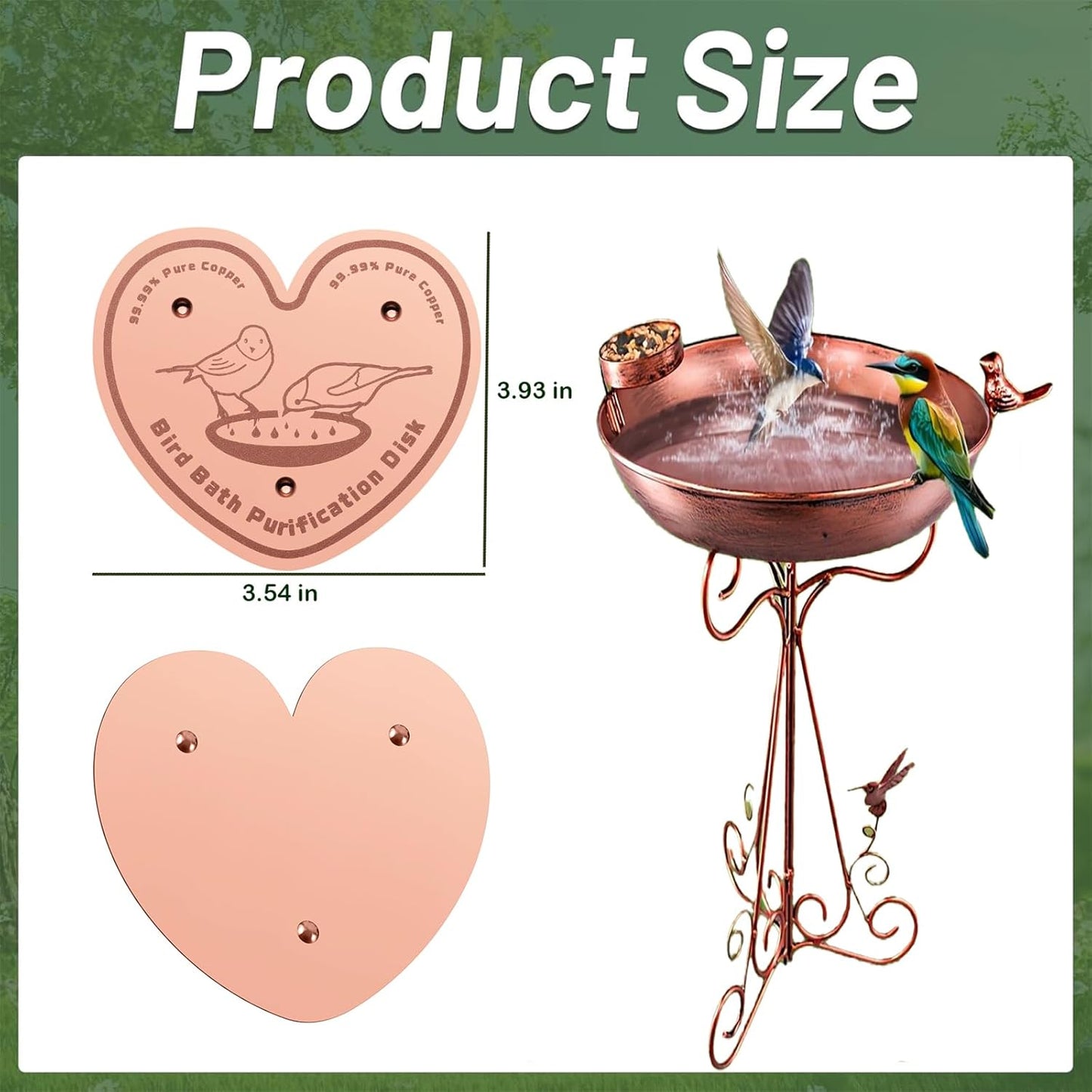 2-Pack 99.99% Pure Copper Bird Bath Purification Disk,Copper Disc with Stable Triple-Point Support,Fits All Outdoor Bird Baths(Heart-Shaped&Round)