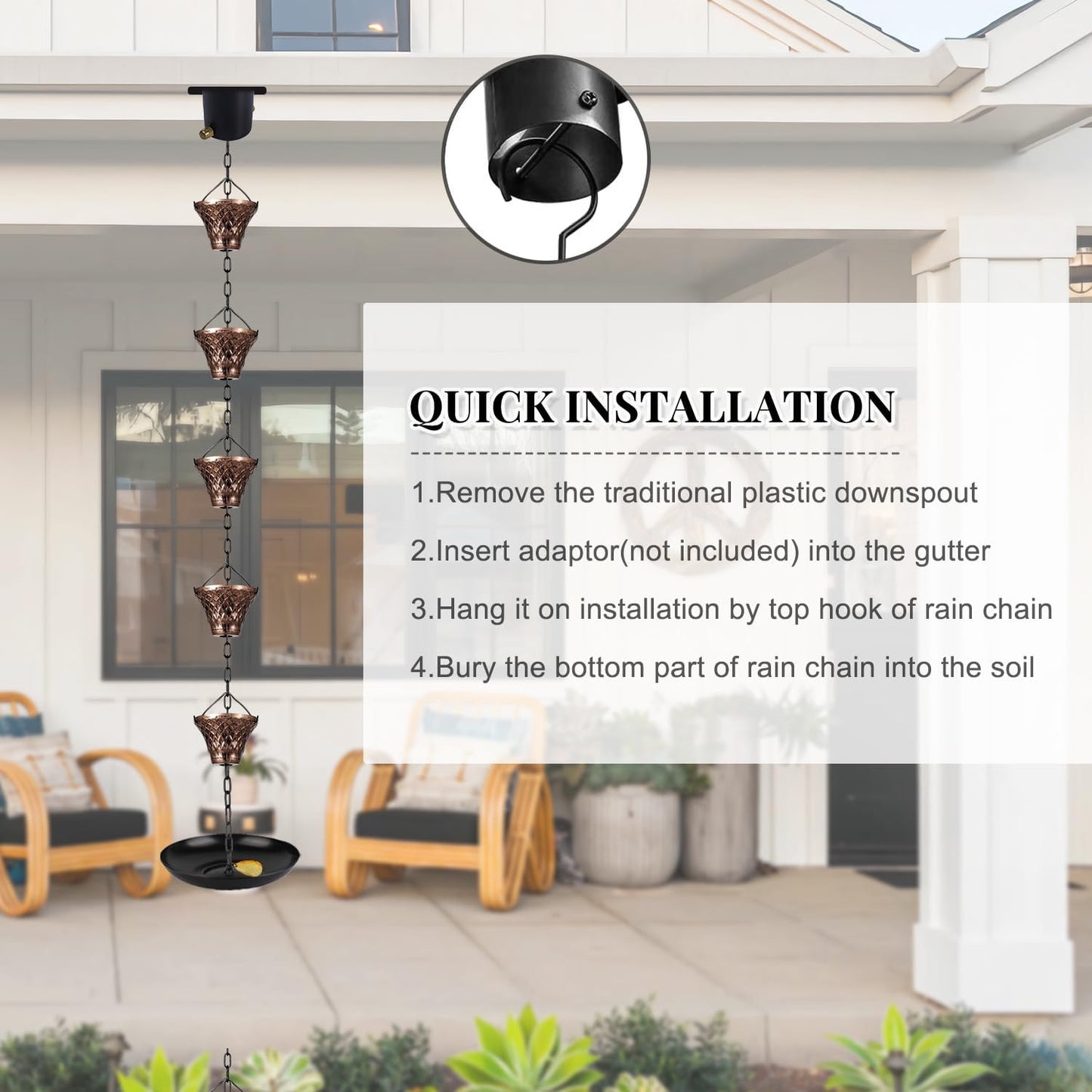 Rain Chains for Gutters Outside 8.5FT Copper Rain Catcher Chain with 12 Cups Decorative Replacement for Downspout