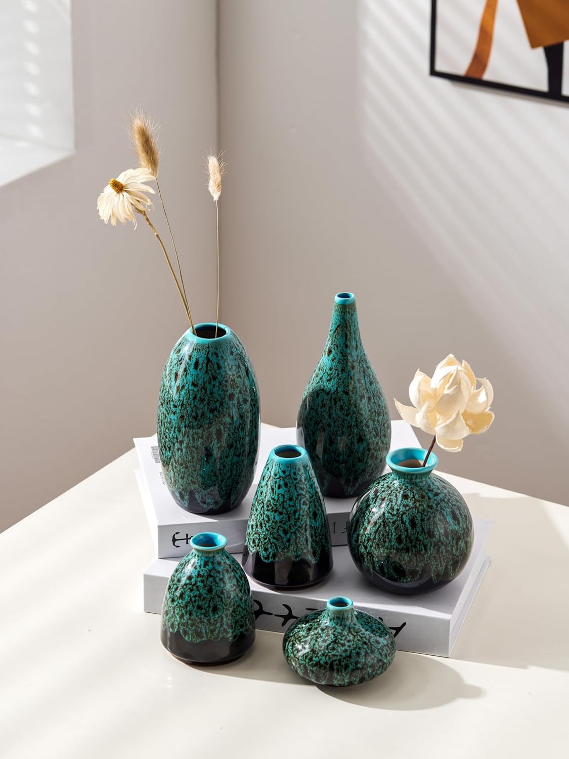 Ceramic Bud Vase Set, Fambe Blue Glazed Finish, Decorative Flower Vases (Blue-Set of 6)