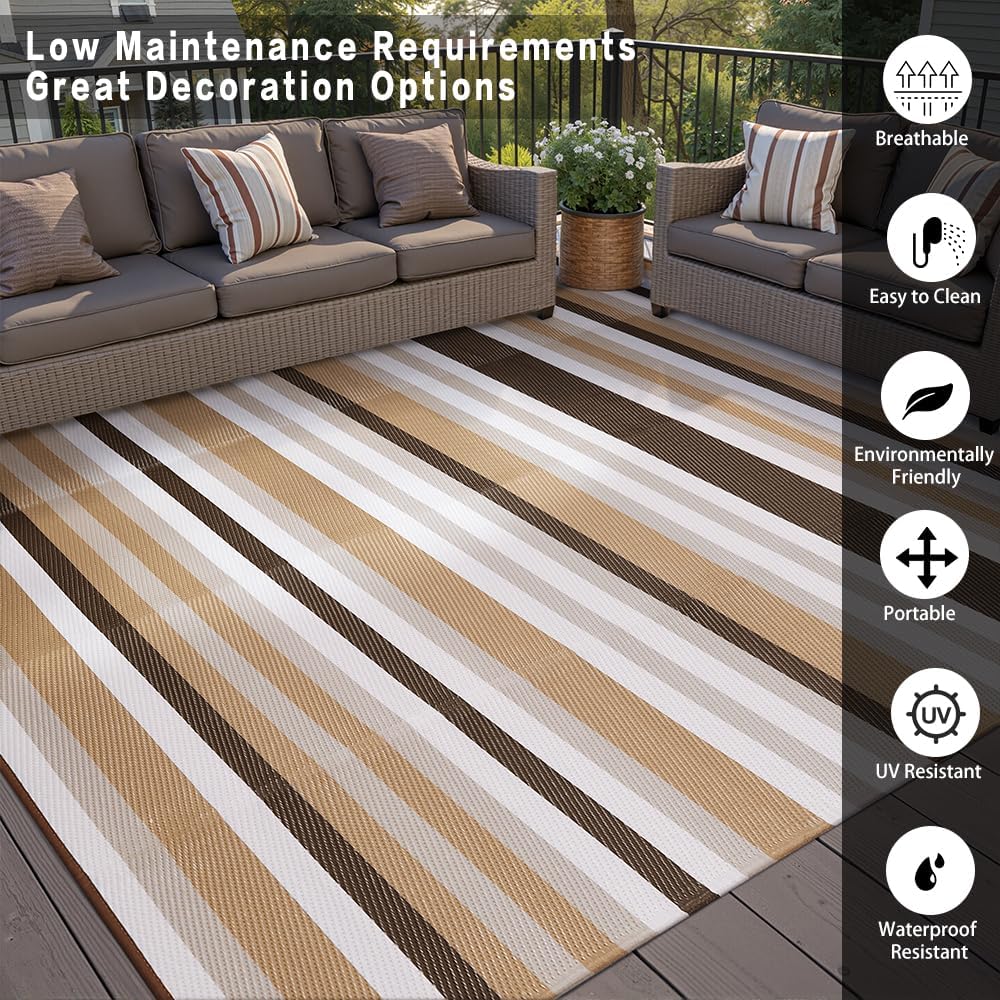 Outdoor Waterproof Rug 6'x9' Plastic Straw Rugs Washable Reversible Floor Mat Brown Stripe Carpet for Camping RV Deck Entryance Porch Picnic Balcony Beach Backyard