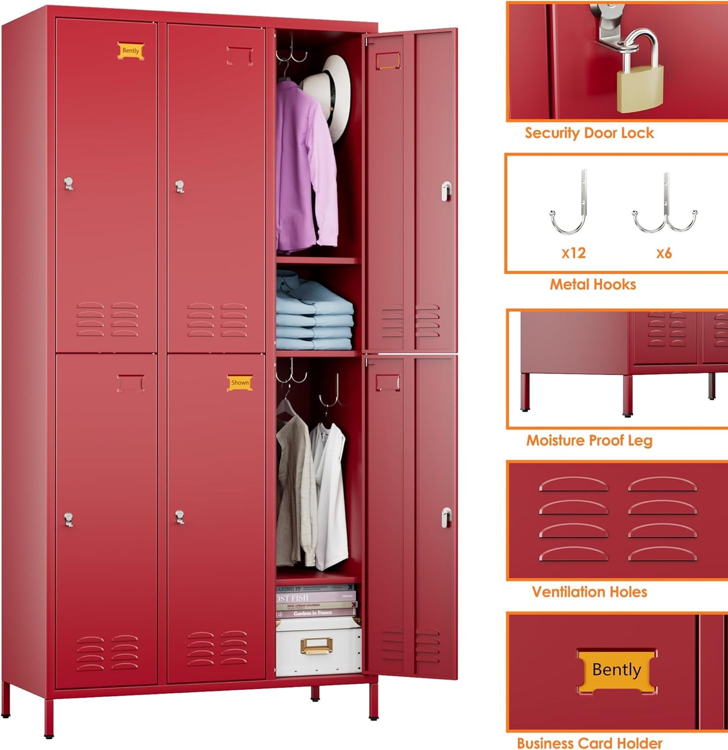 METAN Metal Locker for School Office Gym Bedroom,6 Doors Steel Storage Lockers Cabinet for Employees,Industrial Storage with 1 Shelf,Assembly Required,Red