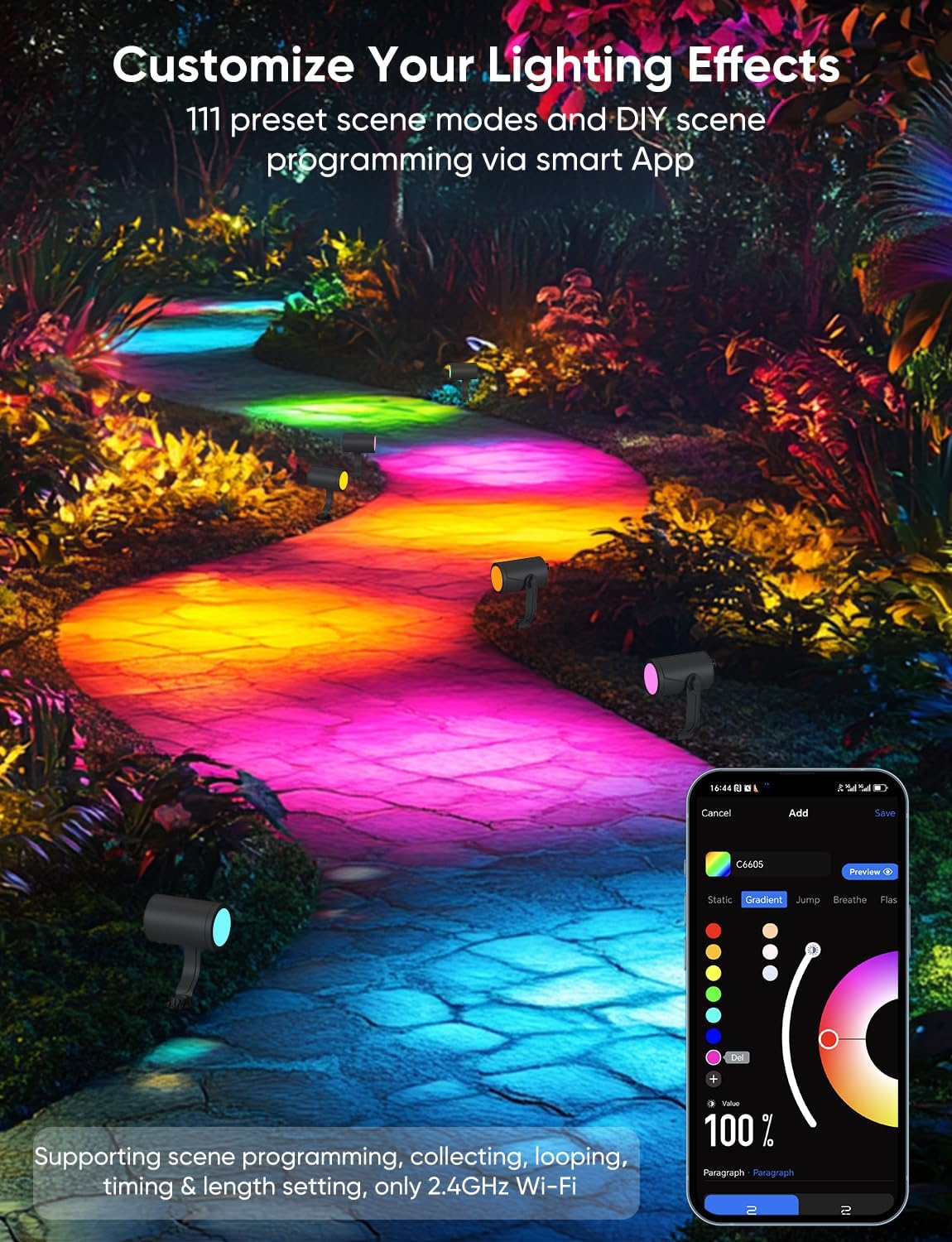 Smart Outdoor Spot Lights 24W, RGBCW Color Changing Landscape Lights 4 Pack, IP65 Waterproof Low Voltage Landscape Lighting, App/Voice/Remote Control, for Garden Yard Pathway Holiday Decor