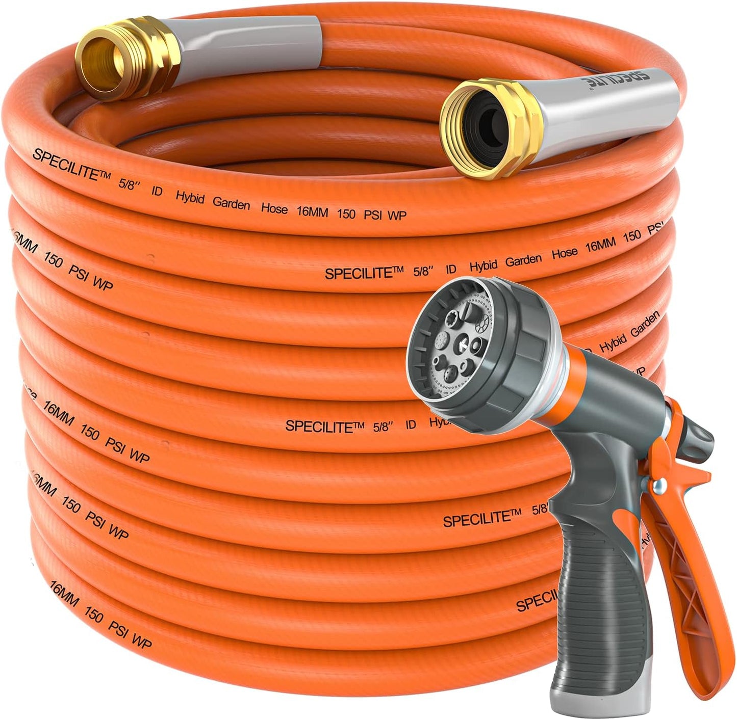Garden Hose 50 ft x 5/8 in Heavy Duty, Flexible and Lightweight Water Hose, Burst 600 psi, Kink-less Hybrid Rubber Hose for Backyard, 3/4'' Brass Fittings