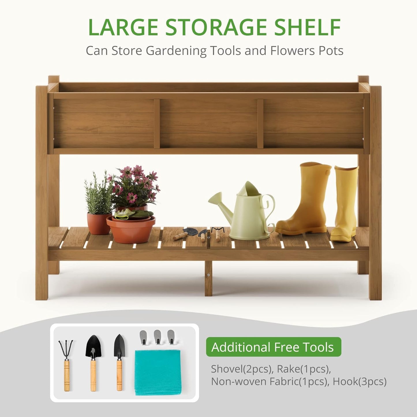 LUE BONA Raised Planter Box with Legs, 47 * 18 * 29 in, Raised Garden Bed with Tools and Storage Shelf, Weather Resistant, 3-Year Warranty, Standing Growing Bed Herb Planter for Vegetable, Brown