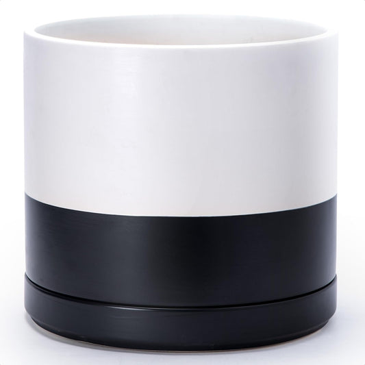 D'vine Dev 14 Inch Ceramic Planter Pot with Drainage Hole and Saucer, Indoor Cylinder Round Planter Pot, Layered Monochrome Black & White, 94-O-G-L