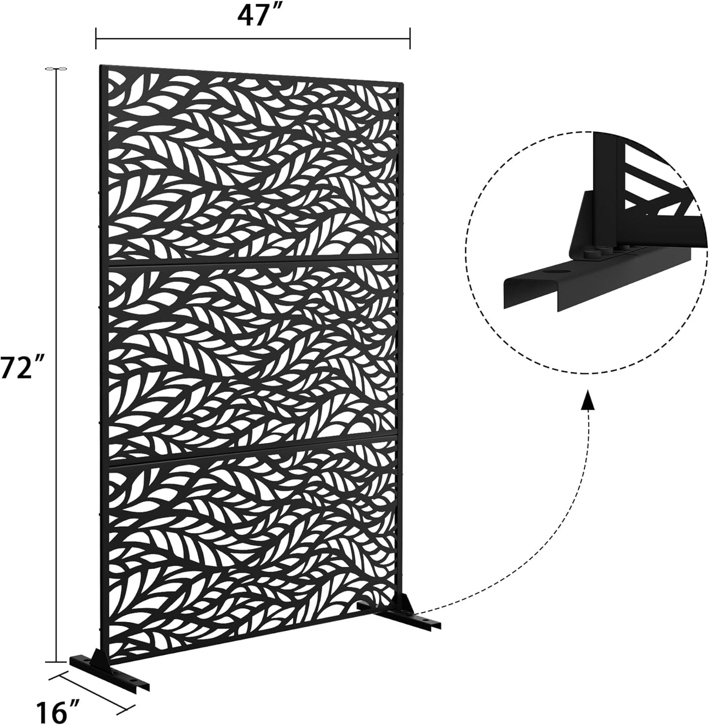 Metal Privacy Screen Outdoor 72" H×47" W,Freestanding Decorative Privacy Screen for Balcony Yard&Garden,Privacy Fence-Black&Leaves