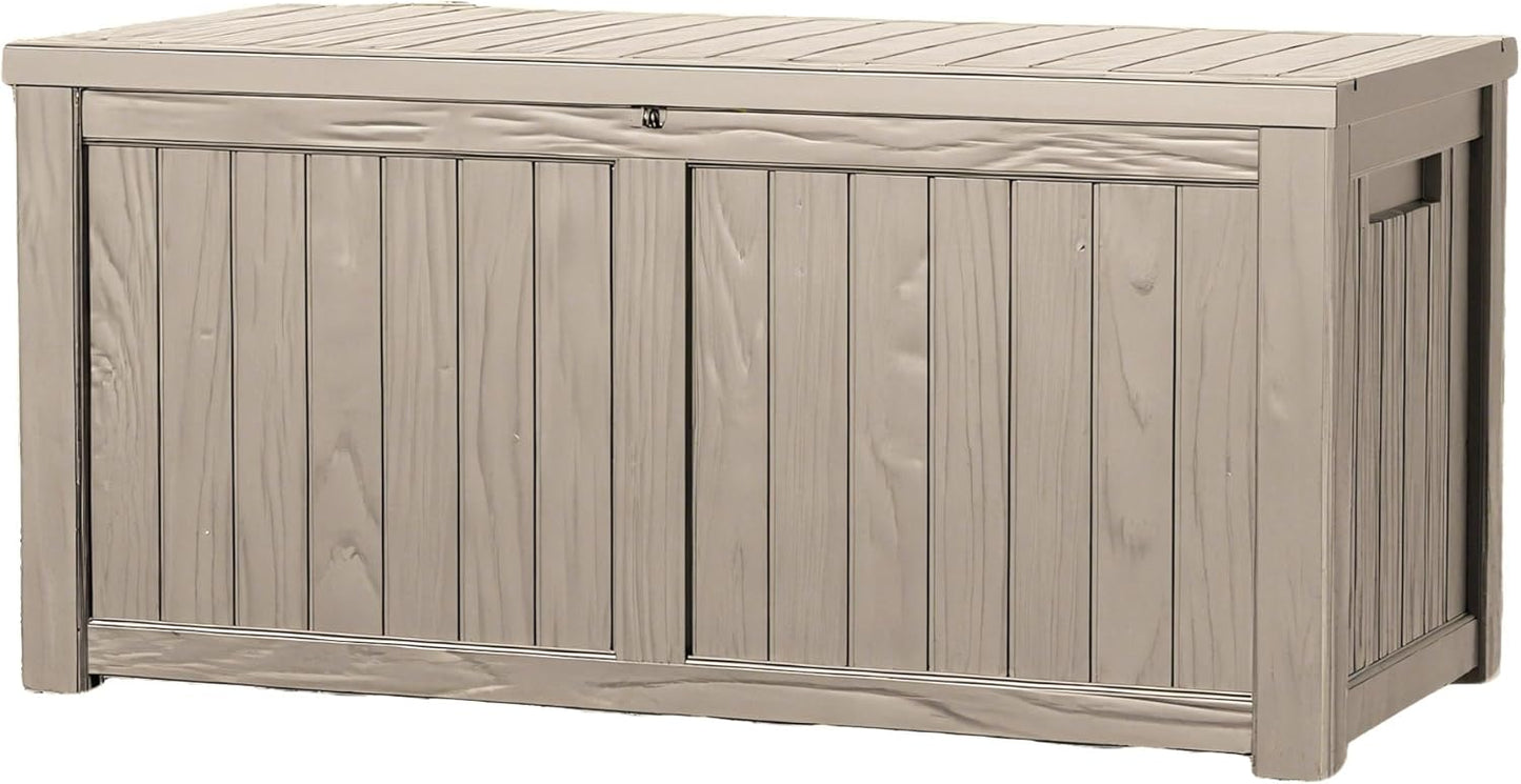 120 Outdoor Storage Box, Waterproof Resin Deck Box for Indoor & Outdoor Use, Lockable Storage Bench with Piston Hinge, Storage Bin for Patio Cushions, Garden Tools, Package Delivery, Grey