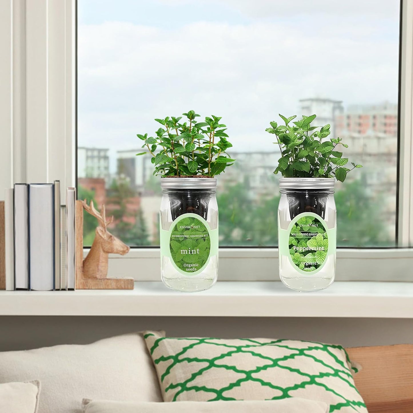 2-Pack Hydroponic Mason Jar Herb Garden Kit, Indoor Herb Garden Self-Watering Starter Kit (Mint,Peppermint)