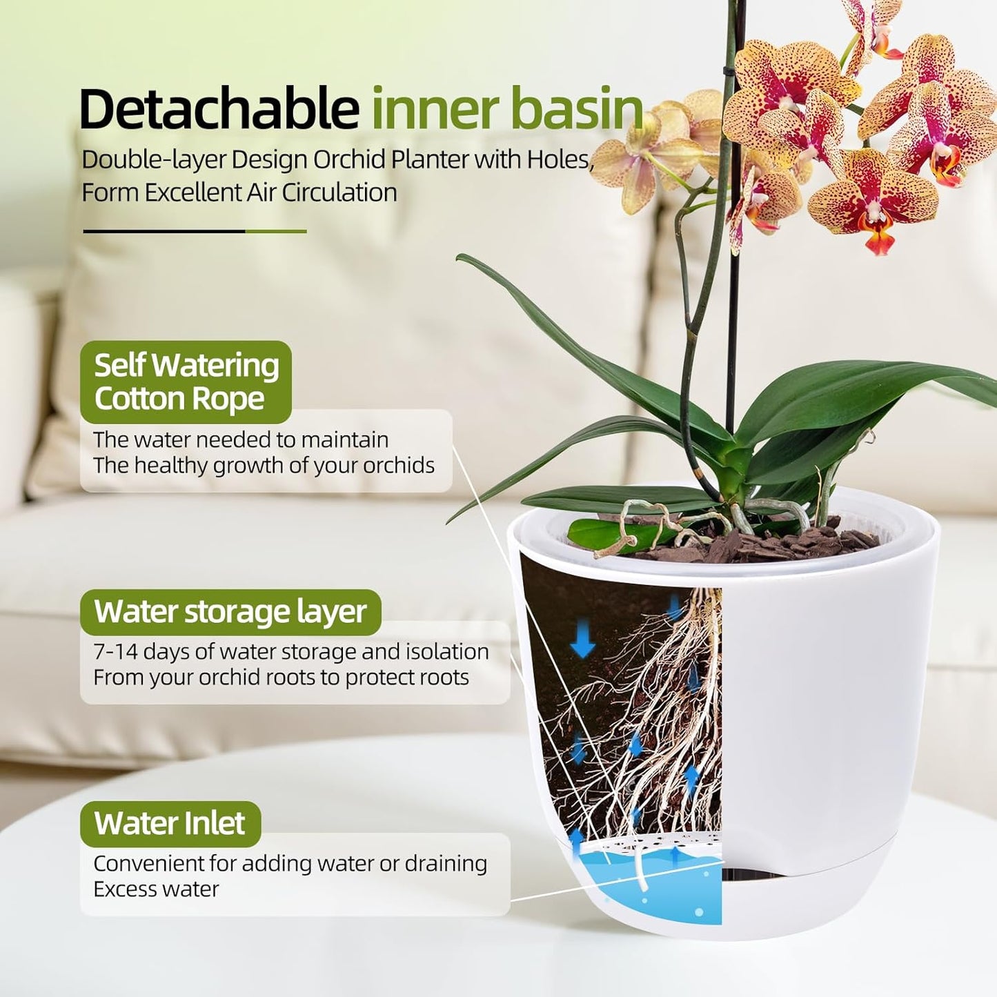 QCQHDU 2 Pack Orchid Pots with Holes for Repotting, Double-Layer and Self Watering Orchid Pot with Good Air Circulation