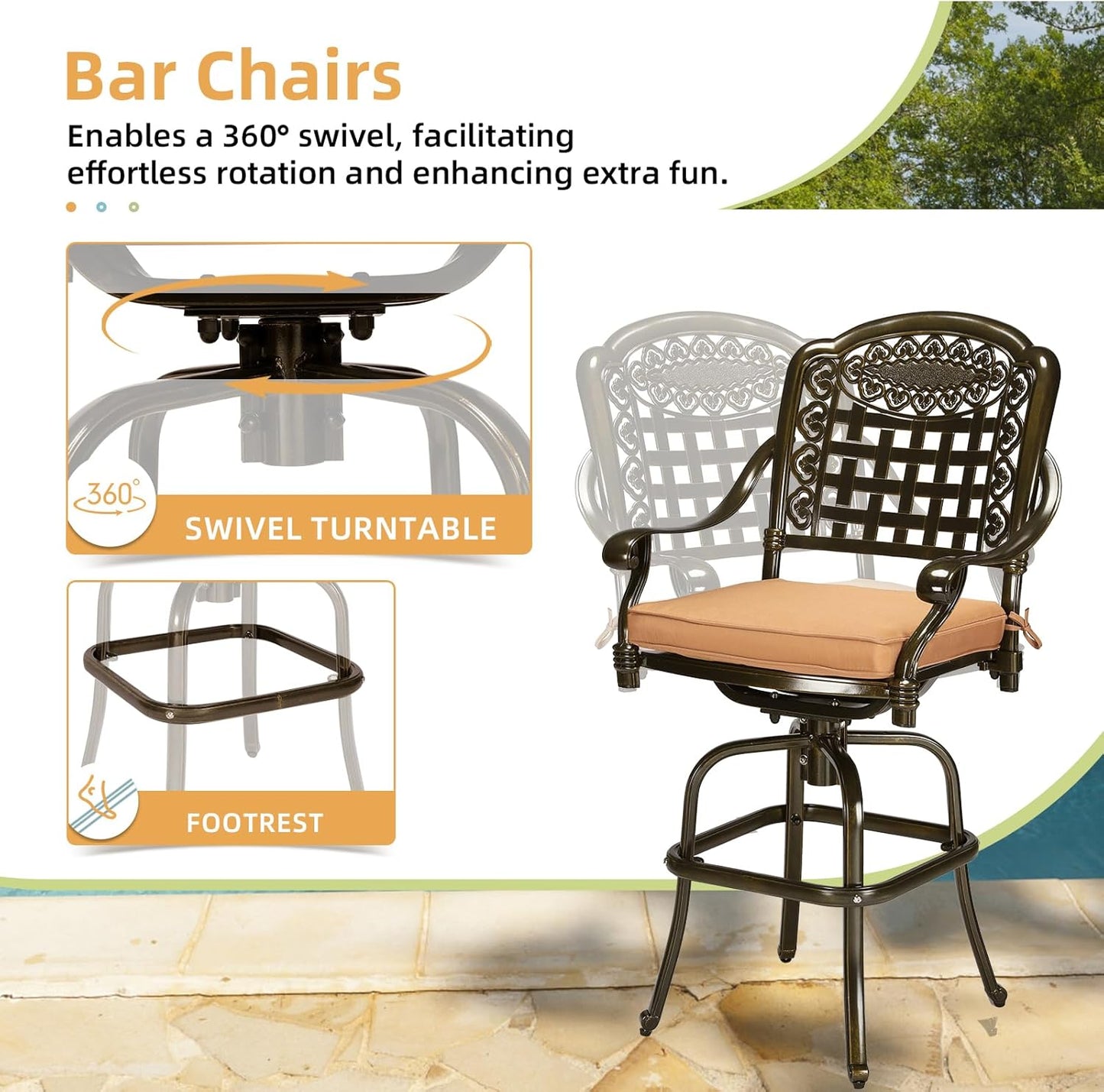 3-Piece Patio Swivel Bar Set, High Top Bar Table & Chairs, All-Weather Cast Aluminum Swivel Bar Stools (2) & 38.5" Table, Patio Bistro Set