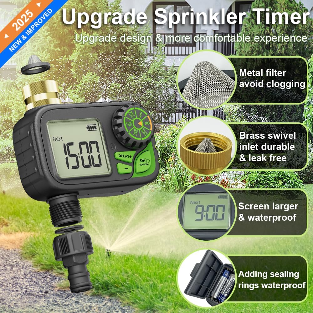 Sprinkler Timer Water Hose Timer - Programmable Digital Irrigation Outdoor Waterproof with Rain Delay, Manual, Automatic Watering System for Yard, Lawn, and Garden Hose Brass Inlet 1 Outlet