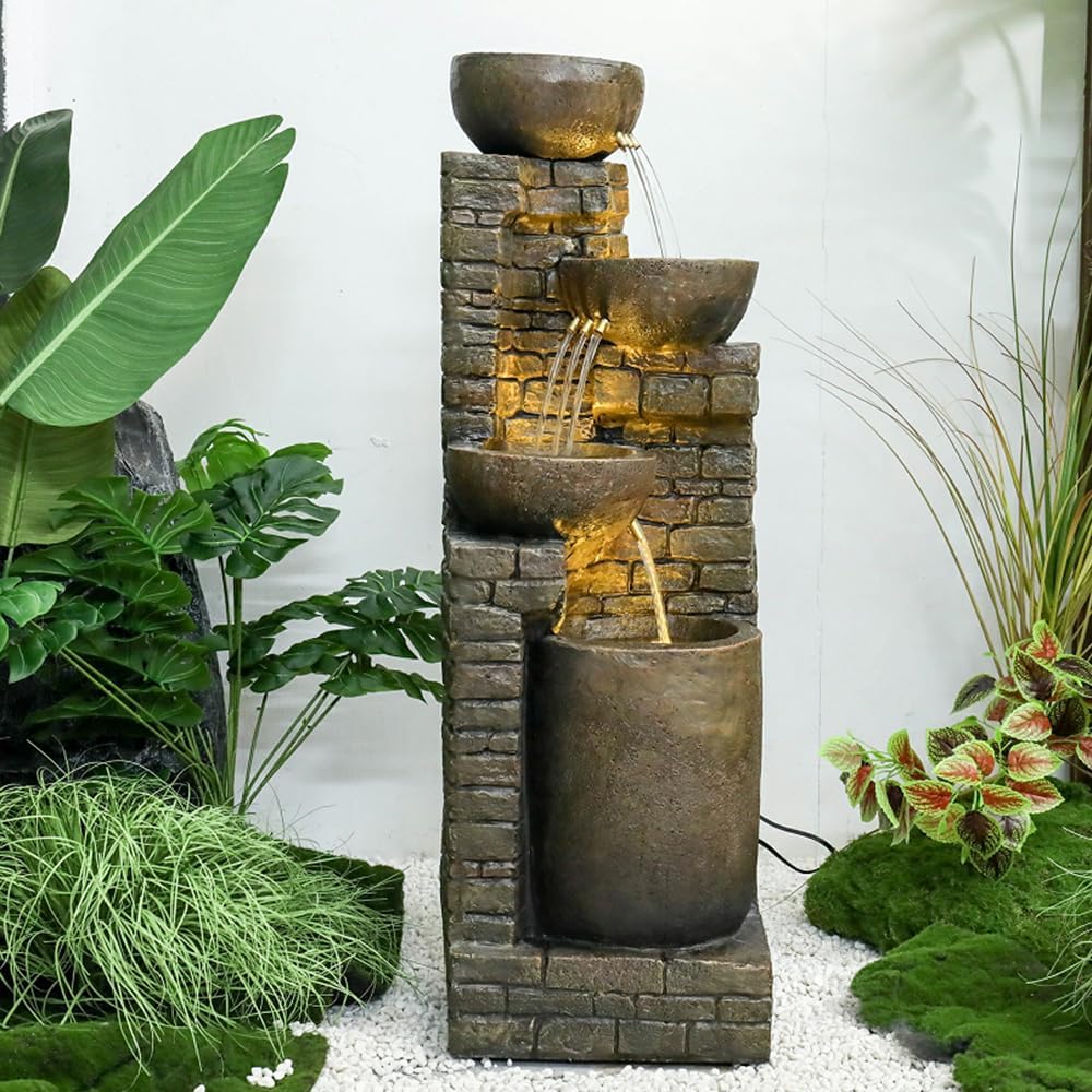 38.2 ''H Cascading Bowls and Stacked Stones with Led Lights Outdoor Water Fountain for Gardens, Landscaping, Balconies, Floor Patio,Backyard and Home Art Decor
