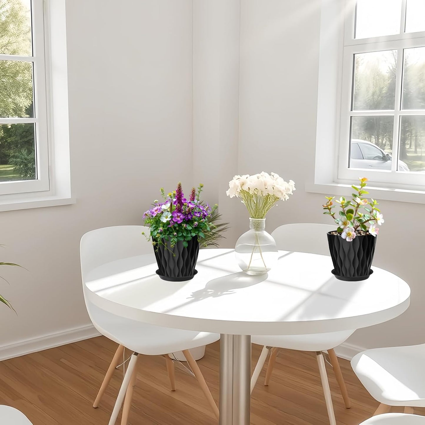 6 Pack 7 Inch Plant Pots with Drainage and Saucers, Black Plastic Flower Pots for Indoor and Outdoor Plants, Stackable Nursery Planters for Houseplants and Herbs, Black