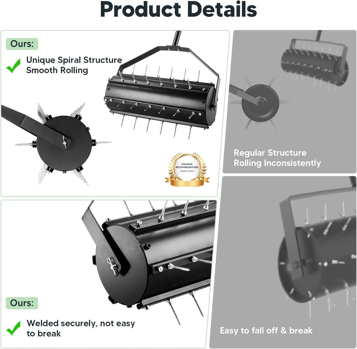 Uranshin Rolling Lawn Aerator Tool, Heavy Duty Manual Push Aerator Lawn Tool with 39 Pre-Attached Spikes and 70" Adjustable Handle, Lawn Spike Aerator Roller Suitable for Lawn, Garden and Yard