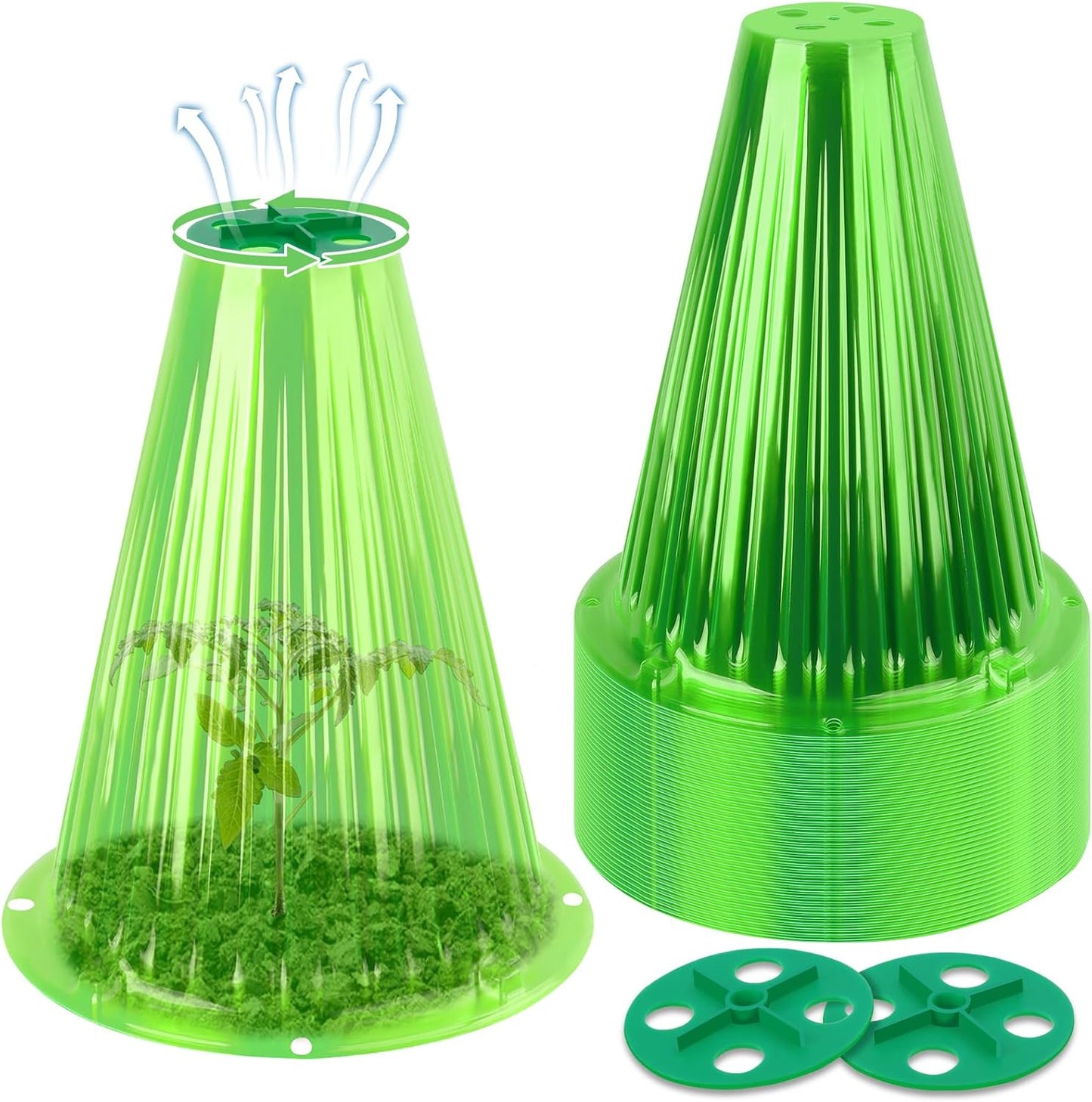 UQM 50 Pack Garden Cloches for Plants, Reusable Bell Plant Protector with Rotary Vent Cover, Garden Protection from Animals Snails Birds Chickens Insect, 9.18" H X 7.56" D (Green)