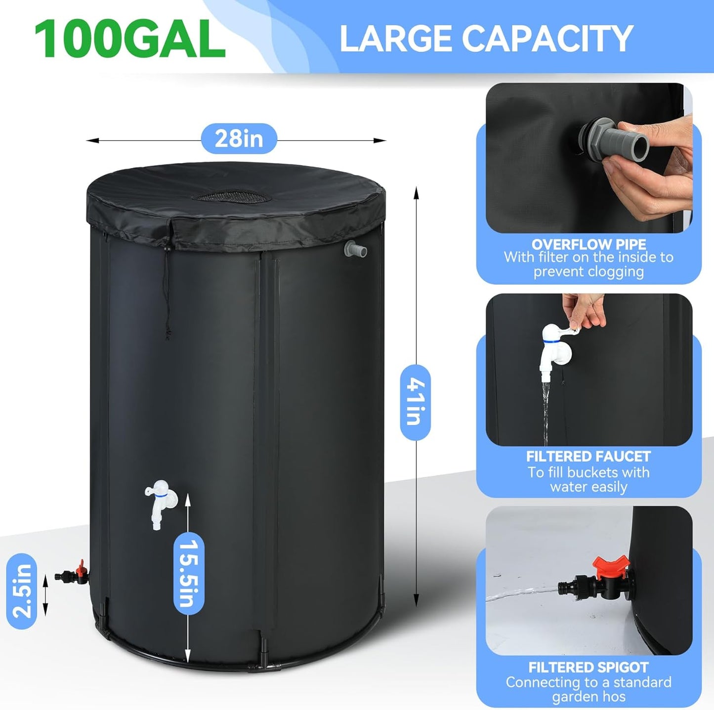 Upgraded 100 Gallon Rain Barrel Water Tank - Portable Rain Water Collection Barrel - Large Water Storage Tank - Stable Water Barrels Rain Catcher with Spigot Overflow Kit, Black