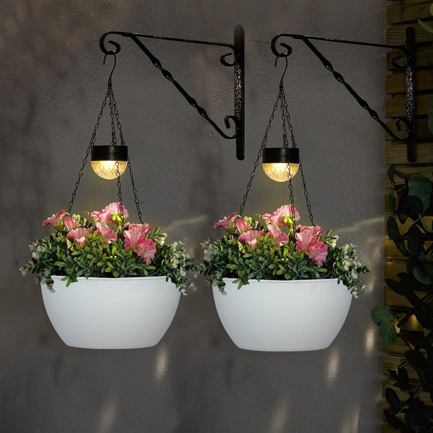 2 Packs Solar Hanging Basket Planters for Plants Outdoor, Self Watering White Flower Plants Pots with Solar Light Drainer for Balcony Patio Garden Outdoor Decoration