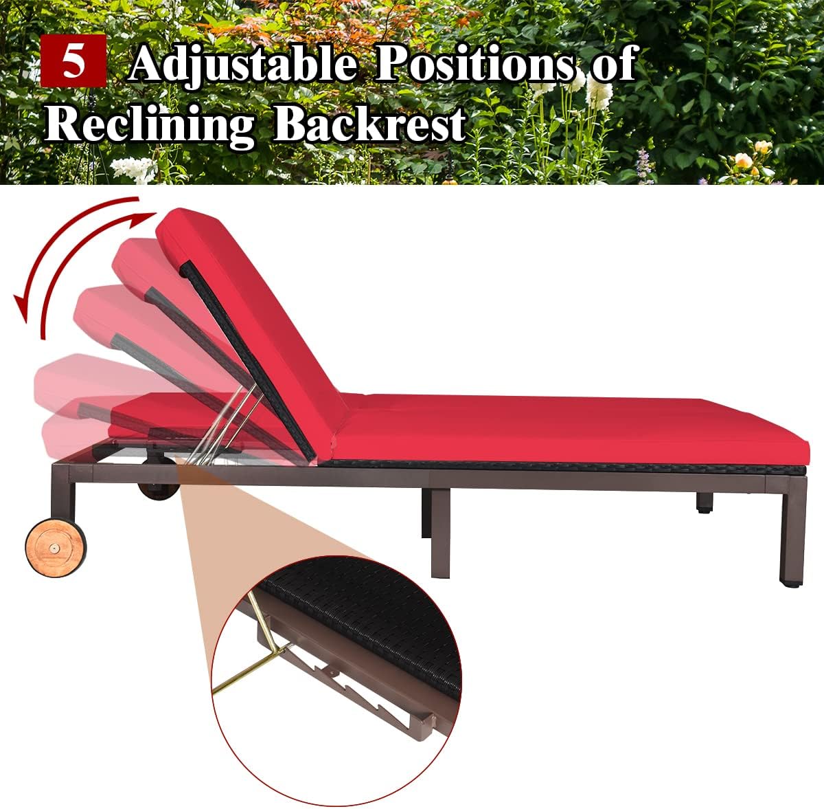 Tangkula 2-Person Patio Lounge Chair, Outdoor Rattan Double Wicker Daybed Chaise Lounge Chair with Adjustable Backrest Wheels & Cushion, Patio Sofa for Garden Lawn Backyard (Red)