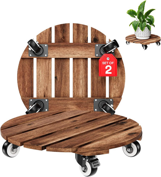 2pack Wood Plant Caddy With Wheels Heavy Duty Red Brown, 264 Lbs Capacity, 12 Inch Acacia Hardwood Plant Dolly, Plant Stand with 360° Lockable Wheels for Plant Pots, Heavy Objects Hauling