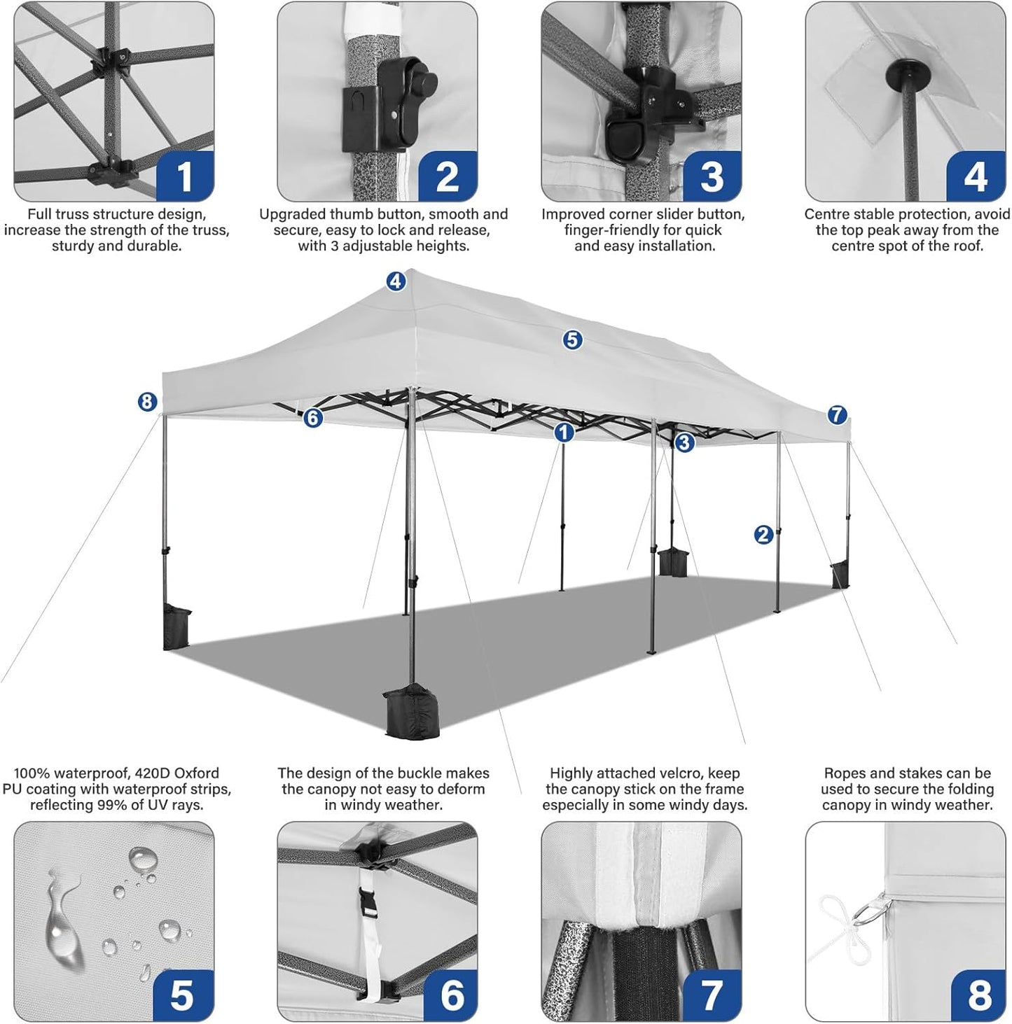 COBIZI 10x30 Pop up Canopy Heavy Duty with 8 Sidewalls, Easy Set-up Commercial Outdoor Party, 100% Waterproof Wedding Canopy Gazebo, 3 Height Adjustable with Wheeled Bag, White