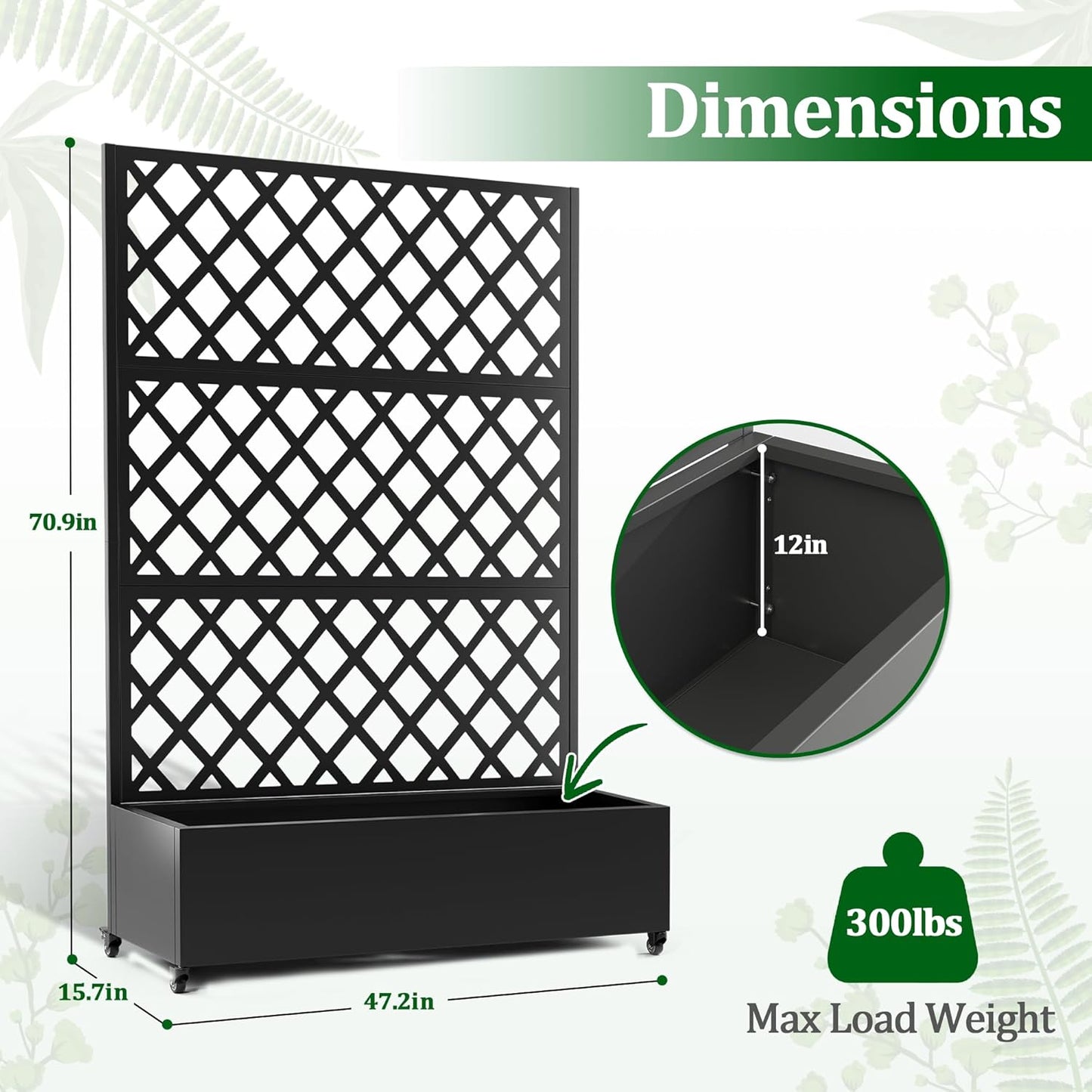 Metal Raised Garden Bed with Trellis and Wheels, 2 in 1 Trellis with Planter Box & Privacy Screen for Climbing Plants, Outdoor Standing Flower Beds with Drainage Holes, 47.2''L×15.7''W×70.9''H, Black