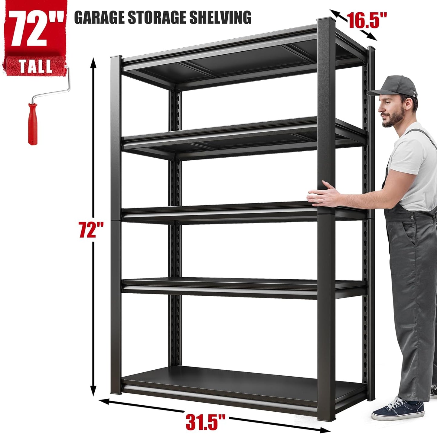 Raybee Storage Shelves 2000LBS Garage Shelving Heavy Duty, 5-Tier Adjustable Garage Shelves, Metal Shelving for Garage, Basement, Warehouse, Pantry, 72" H x 31.5" W x 16.5" D, 2PC, Black
