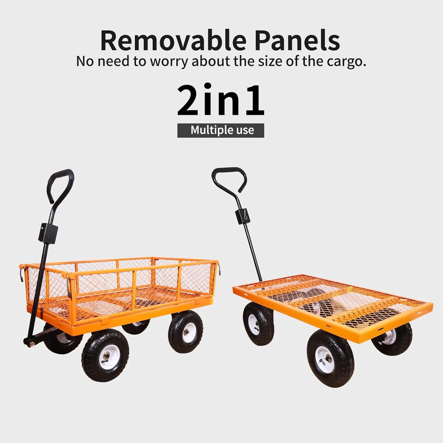 AAIN 1000 lbs Metal Garden Cart, Heavy Duty Garden Wagon with Removable Steel Mesh Sides, Utility Yard Carts with 180° Rotating Handle with 10 inch Wheels, 4cu.ft Load Capacity Outdoor Wagons