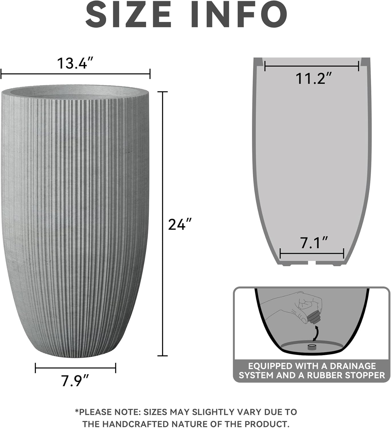 Kante 24 Inch Tall Round Concrete Planter, Large Indoor Outdoor Plant Pots with Drainage Hole and Rubber Plug, Modern Decorative Garden Pots for Home Patio Porch, Textured Natural Concrete