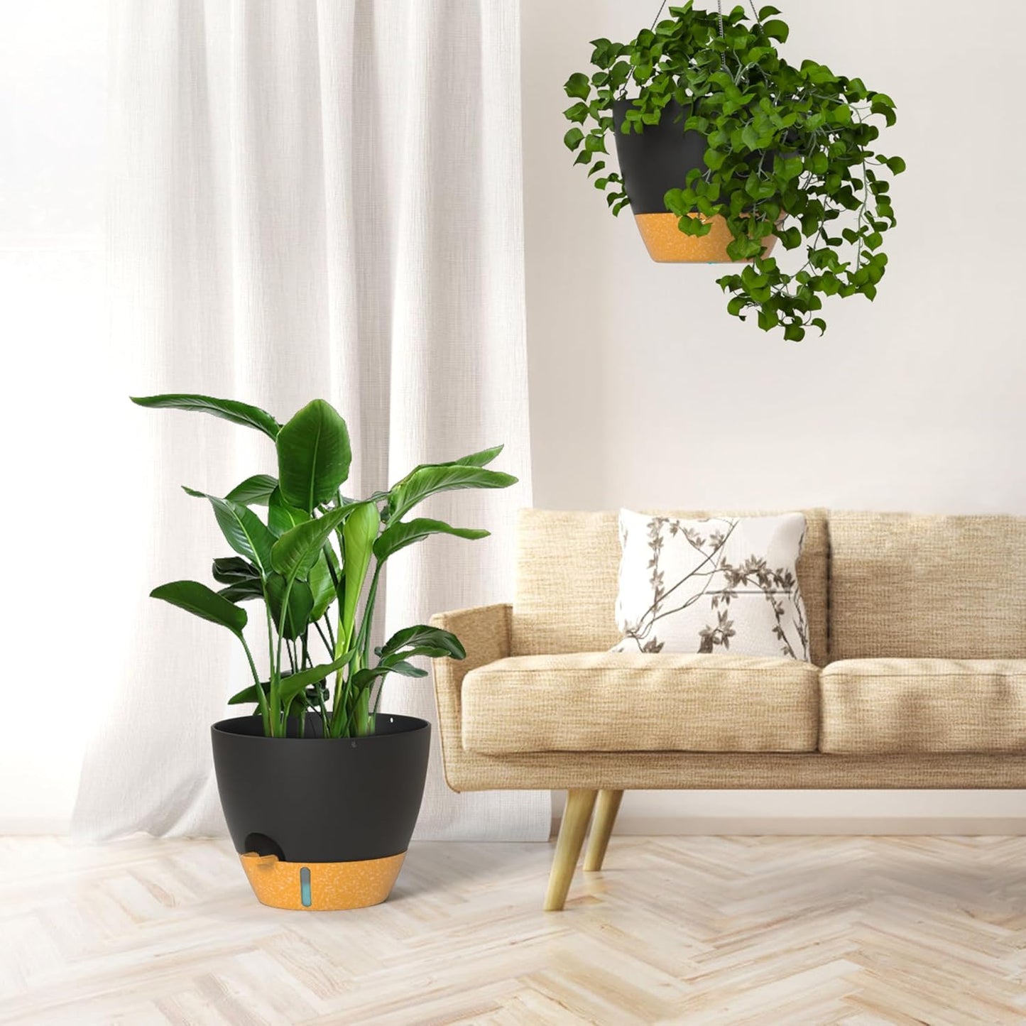 ZMTECH 12 Inch Hanging Planters for Indoor Outdoor Plants, 2 Pack Self Watering Hanging Plant Pots with Drainage Hole, Visual Reservoir, Plastic Flower Hanging Pots with Watering Lip (Black)