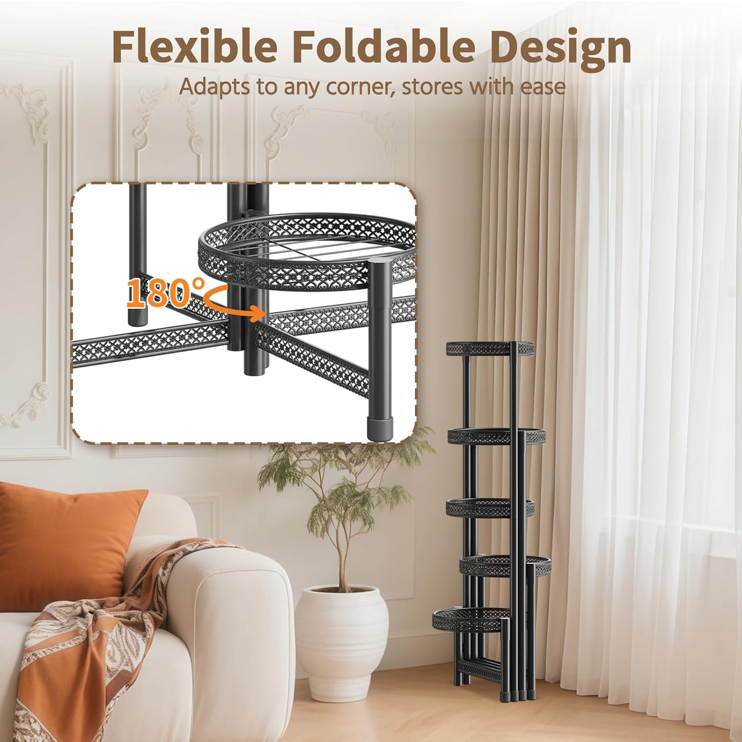 LASZOLA 5 Tiered Folding Tall Plant Stand Indoor Outdoor for Large Planter, Heavy Duty Metal Adjustable Multiple Flower Rack for Corner, Wrought Iron High Spiral Holder for Modern House Patio, Black