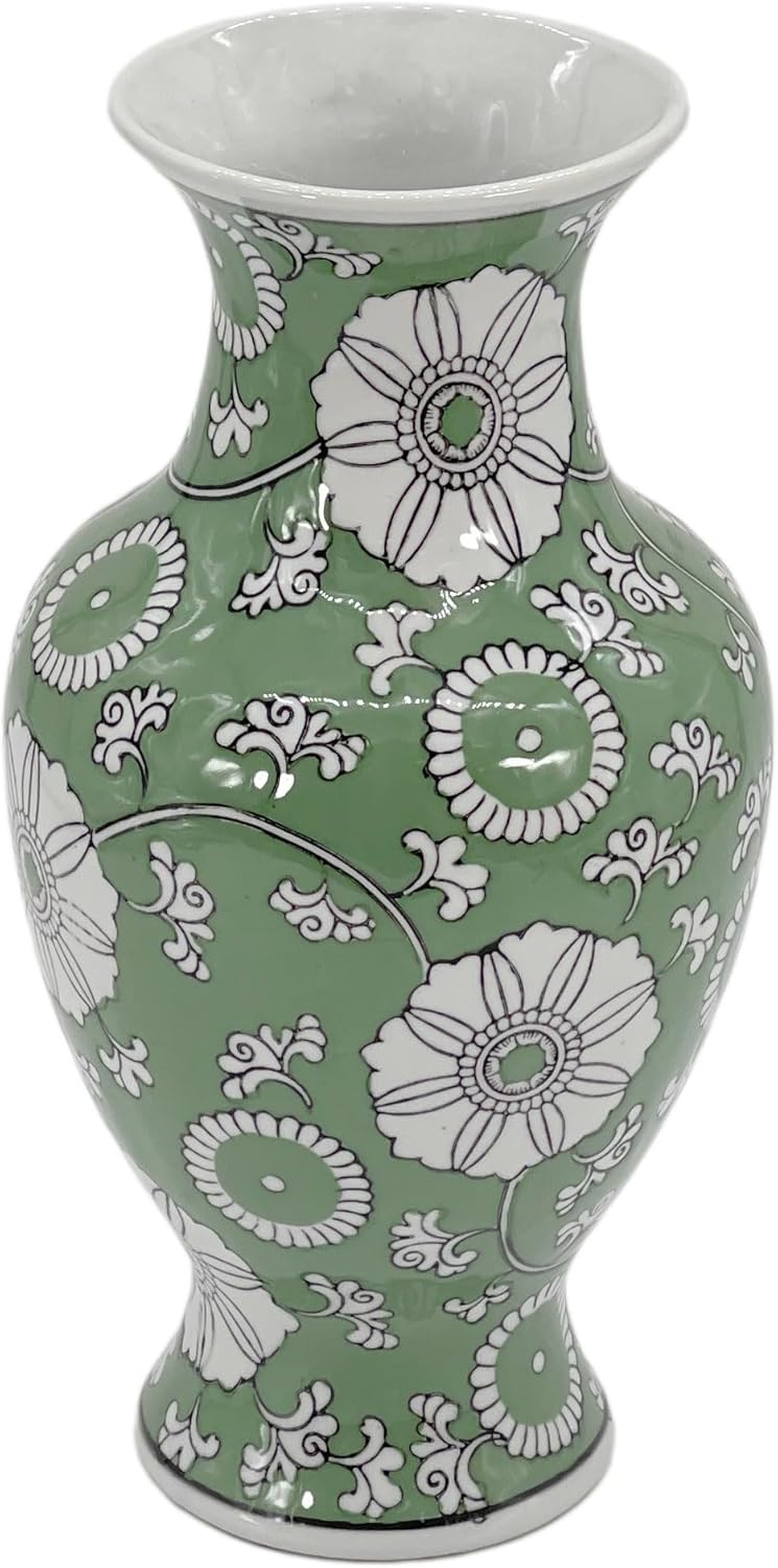 Galt International Floral Chinoiserie Ceramic Vase 14" - Hand Painted Antique Style Porcelain Flower Bottle Fishtail Porcelain Chinese Vase for Home Decor Centerpiece