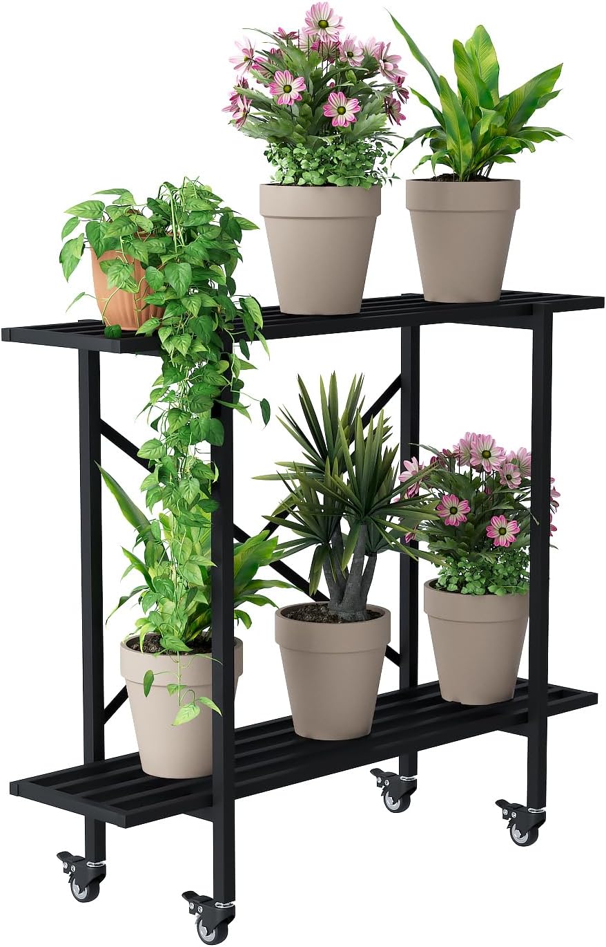 Zhongma 2 Tier Metal Sturdy Narrow Plant Stand with Wheels, Plant Stand Indoor and Outdoor, L35.43 x W10.3 x H29.9 inch, 440 LBS Capacity & Heavy Duty Construction.