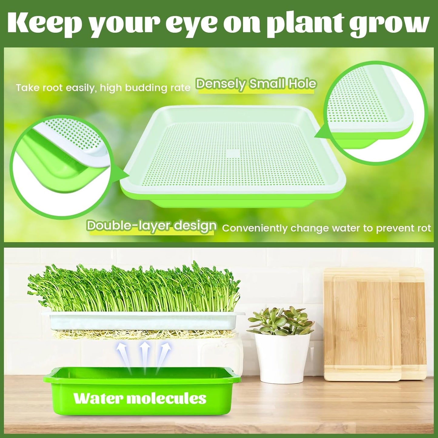 Legigo 16 Pack Green Seed Sprouter Trays- Soil-Free Cultivation Germination Tray, BPA Free Nursery Tray with Planting Paper for Indoors or Outdoors Sprouting Seeds, Grow Grass, Beans and More