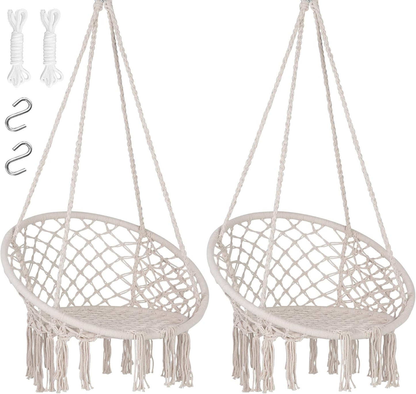 SUNCREAT Hammock Chair Macrame Swing with Side Pocket, Hanging Cotton Rope Hammock Swing Chair for Indoor and Outdoor Use, 330 lbs Capacity, Pack of 2, Beige