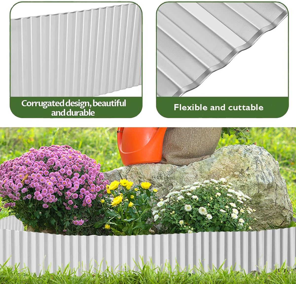 Landscape Edging Border 6inch x 40ft- Corrugated Metal Garden Edging - Lawn Edging Borders - Galvanized Edging Long Strips Yard Border for DIY Flower Beds, Plants, Walkways-Silvery