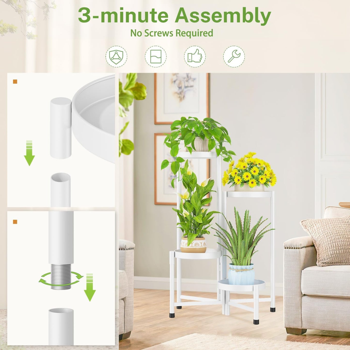 iDavosic.ly Plant Stand Indoor Outdoor, 4 Tier Corner Metal Flower Display Holder Shelf, Folding Tall Orchid Rack for Patio Balcony Porch Garden Living Room House, White