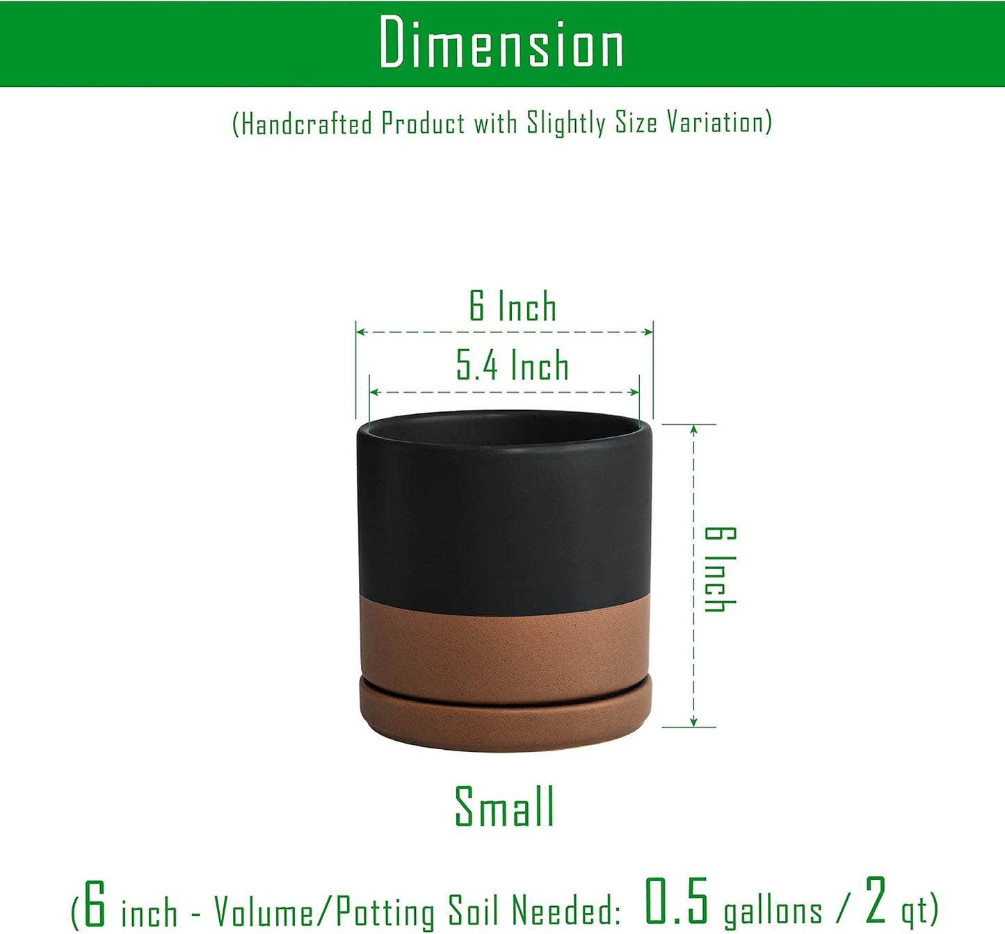 D'vine Dev Set of 2 Plants Pots, 6 Inch Ceramic Planter Pot for Plants with Drainage Hole and Saucer, Black/Speckled Tan, 94-V-C-7