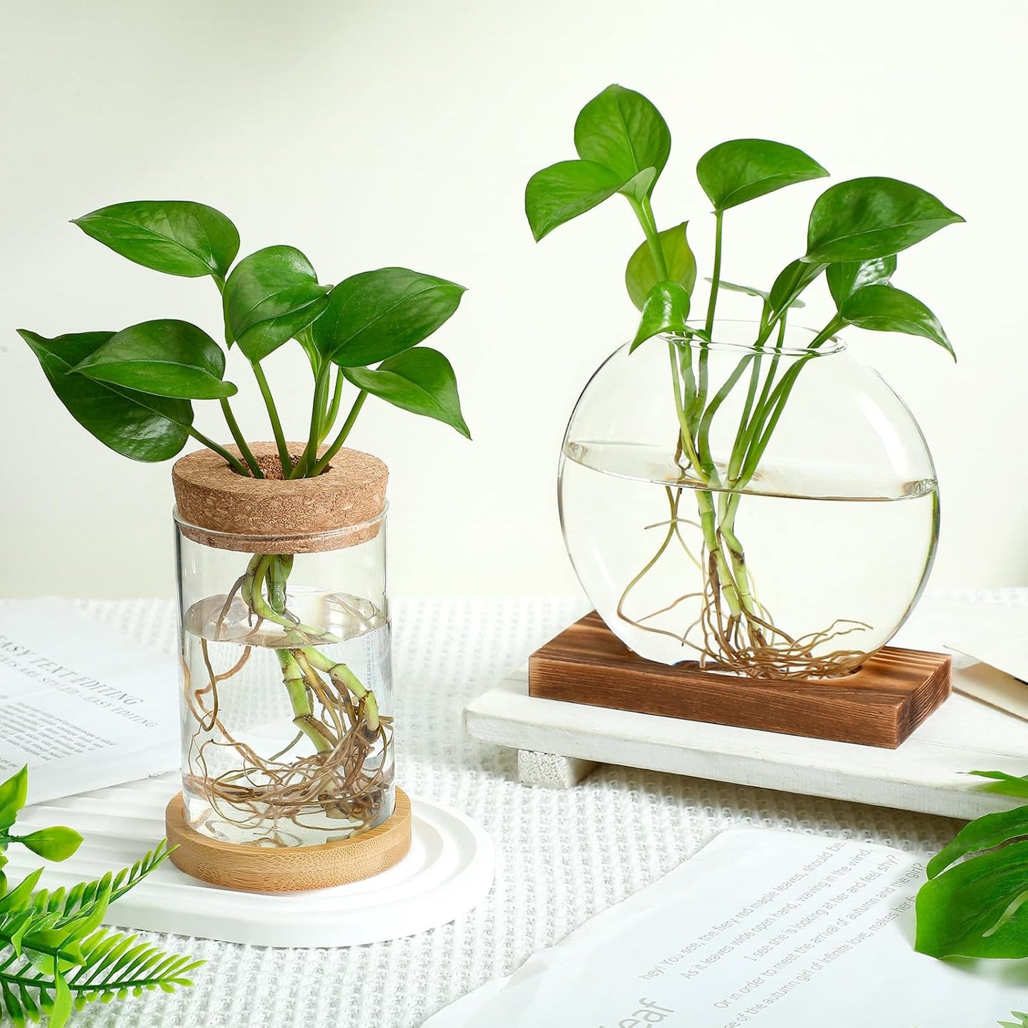 Layhit 4 Pcs Plants Propagation Stations vases Glass Planters with Wooden Lid and Bamboo Stand for Hydroponic Plants Gardening Gifts for Women Mom Home Office Tabletop Decoration(Novelty Style)