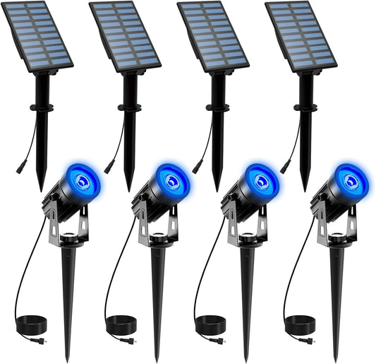 T-SUNUS 4 Pack Solar Landscape Spotlights - Blue, Waterproof IP65, 9.8ft Cable, 2000mAh Solar Panel, Auto On/Off for Garden, Driveway, Pathway, Pool Area