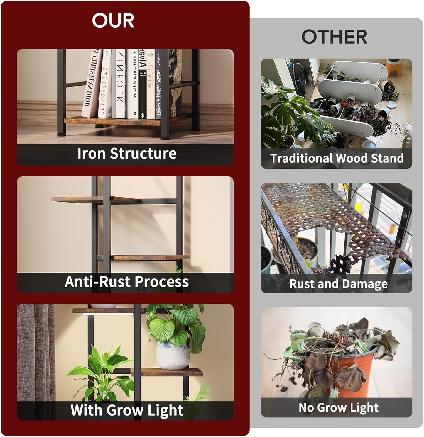 Plant Stand Indoor with Grow Light, 6-Tiered Tall Plant Stand Indoor, Metal Plant Shelf with Bookshelf Bookcase and Adjustable Light, Ideal for Living Room, Reading room, Garden, Patio (Brown)