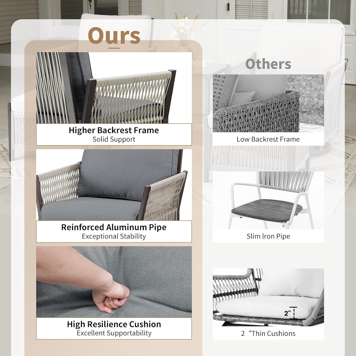 Patio Furniture Wicker Outdoor Conversation Set, 6-Piece All Weather Patio Furniture Rattan Sofa Sets w/Swivel Rocking Chairs & Ottomans, Side Table for Backyard, Balcony, Deck, Dark Grey