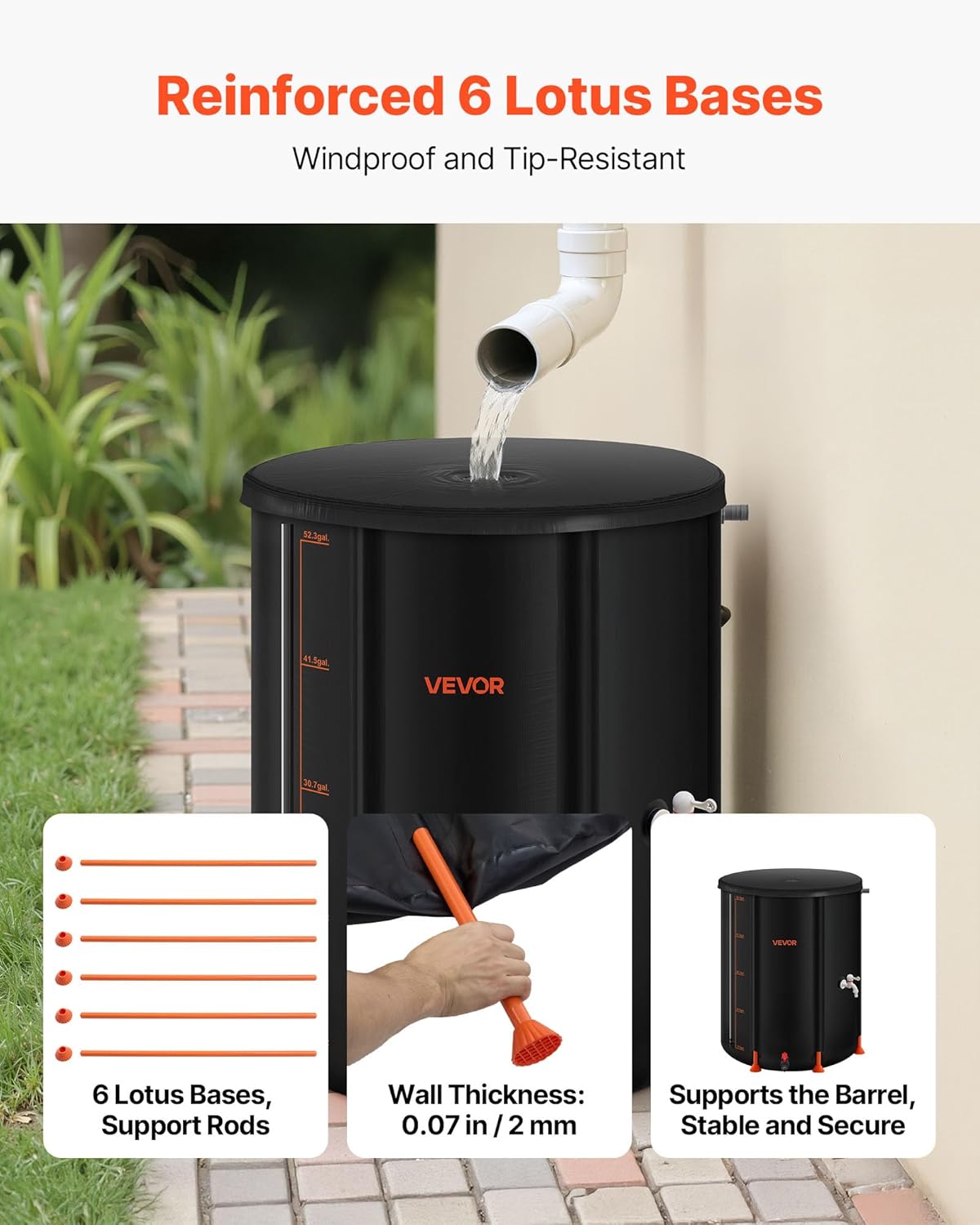 VEVOR Collapsible Rain Barrel, 53 Gallon Portable Rain Water Collection Barrel, 1000D PVC Rainwater Collection System, Garden Water Catcher Tank Storage Container with Spigot & Overflow Kit, Black