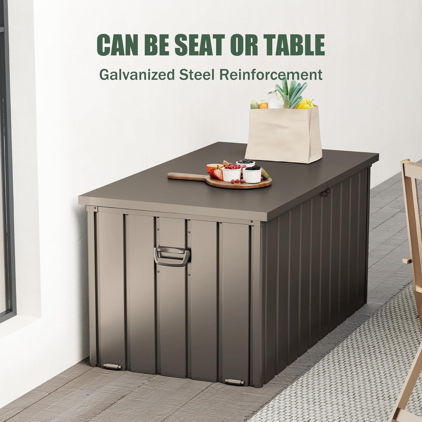 Domi Deck Box 160 Gallon, Waterproof Lockable Steel Outdoor Storage Container for Outside Cushions, Garden Tools and Pools Equipment, Brown