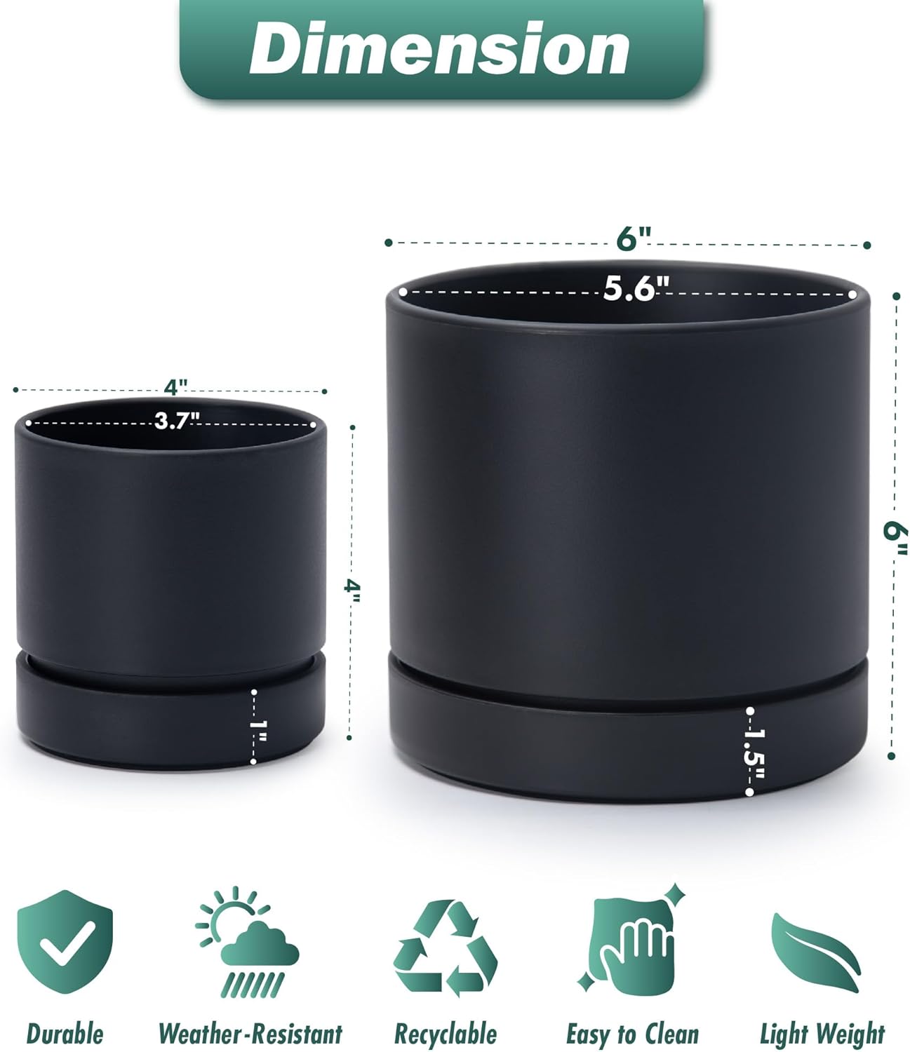 Phoenix Vine 4 Inch and 6 Inch Planter Pot with Drainage Hole & Deep Water Catch Tray Saucer, Straight Cylindrical Round Pot for Plants, Matte Black, 23-A-2-Z