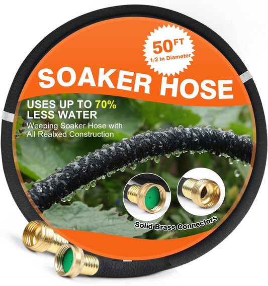 Soaker Hose 50 FT for Garden 1/2" Diameter Irrigation Hose Save 70% of Water Solid Brass Interface Eminently Suitable for Lawn and Garden Beds Cover